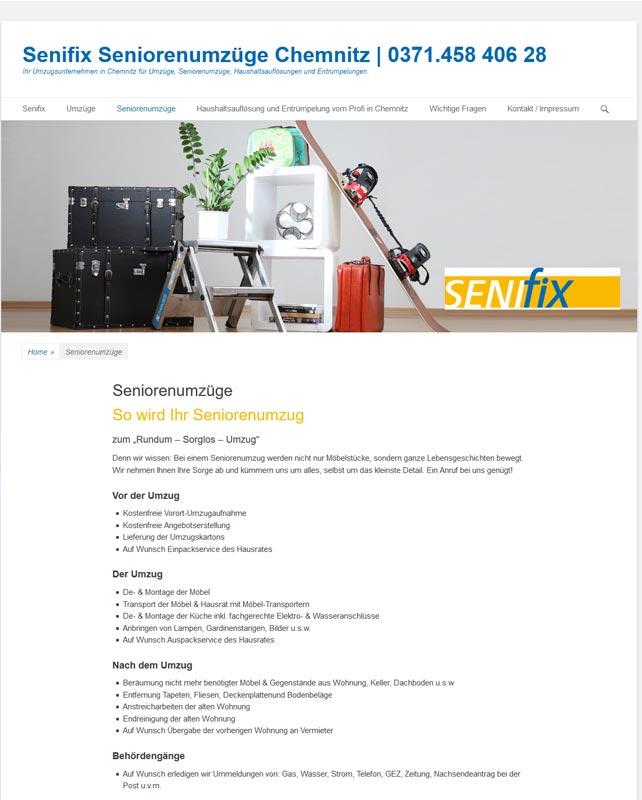Webdesign und technische Umsetzung für die Website www.senifix-seniorenumzüge.de aus Chemnitz von uns trendsetter.media